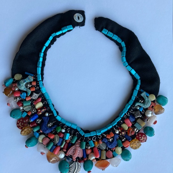 Bib, Choker Necklace, Handmade of Miscellaneous Semiprecious Stones on Fabric - Picture 3 of 7